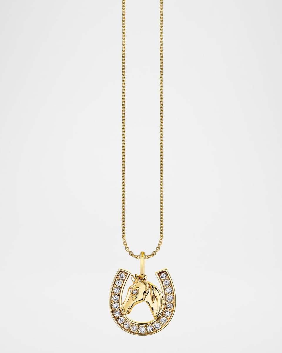 14K Yellow Gold Diamond Horseshoe Charm on Tiffany Chain Necklace